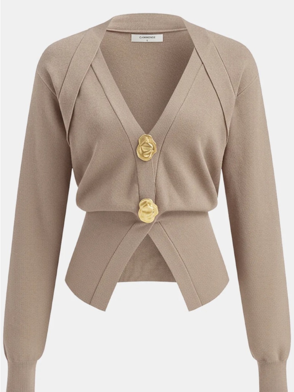 Commense Gold Metal Detail V-Neck Wool Blend Soft Knit Sweater in Khaki Size M